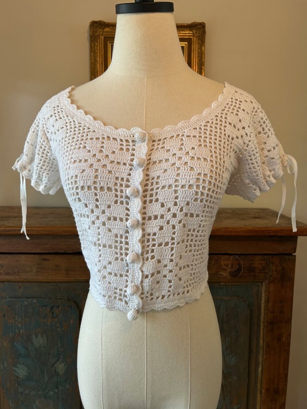 Vintage Betsey Johnson White Crochet Cardigan Crop Top